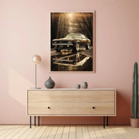 Vintage Muscle Car in Misty Forest Automotive Poster PosterGoat