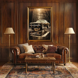 Vintage Muscle Car in Misty Forest Automotive Poster PosterGoat