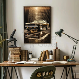 Vintage Muscle Car in Misty Forest Automotive Poster PosterGoat