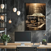 Vintage Muscle Car in Misty Forest Automotive Poster PosterGoat