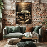 Vintage Muscle Car in Misty Forest Automotive Poster PosterGoat