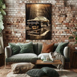 Vintage Muscle Car in Misty Forest Automotive Poster PosterGoat