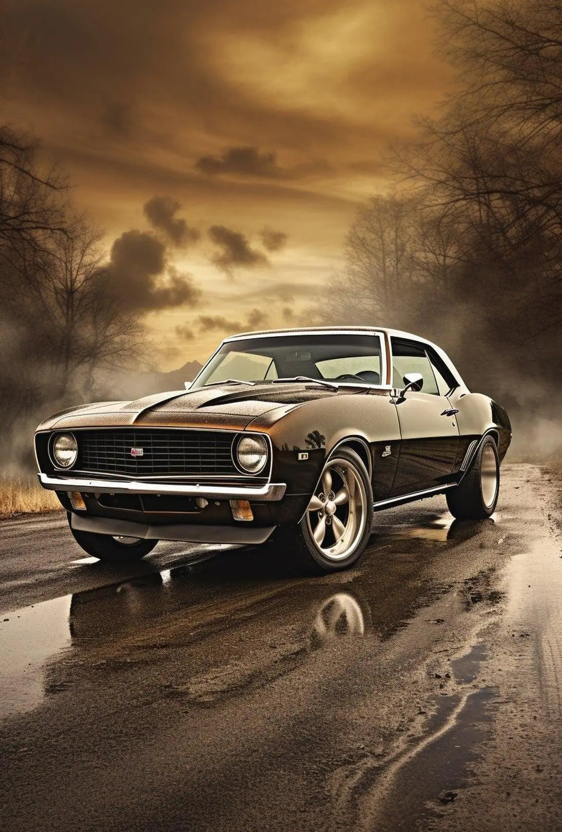Vintage Muscle Car on Open Road Artistic Poster PosterGoat