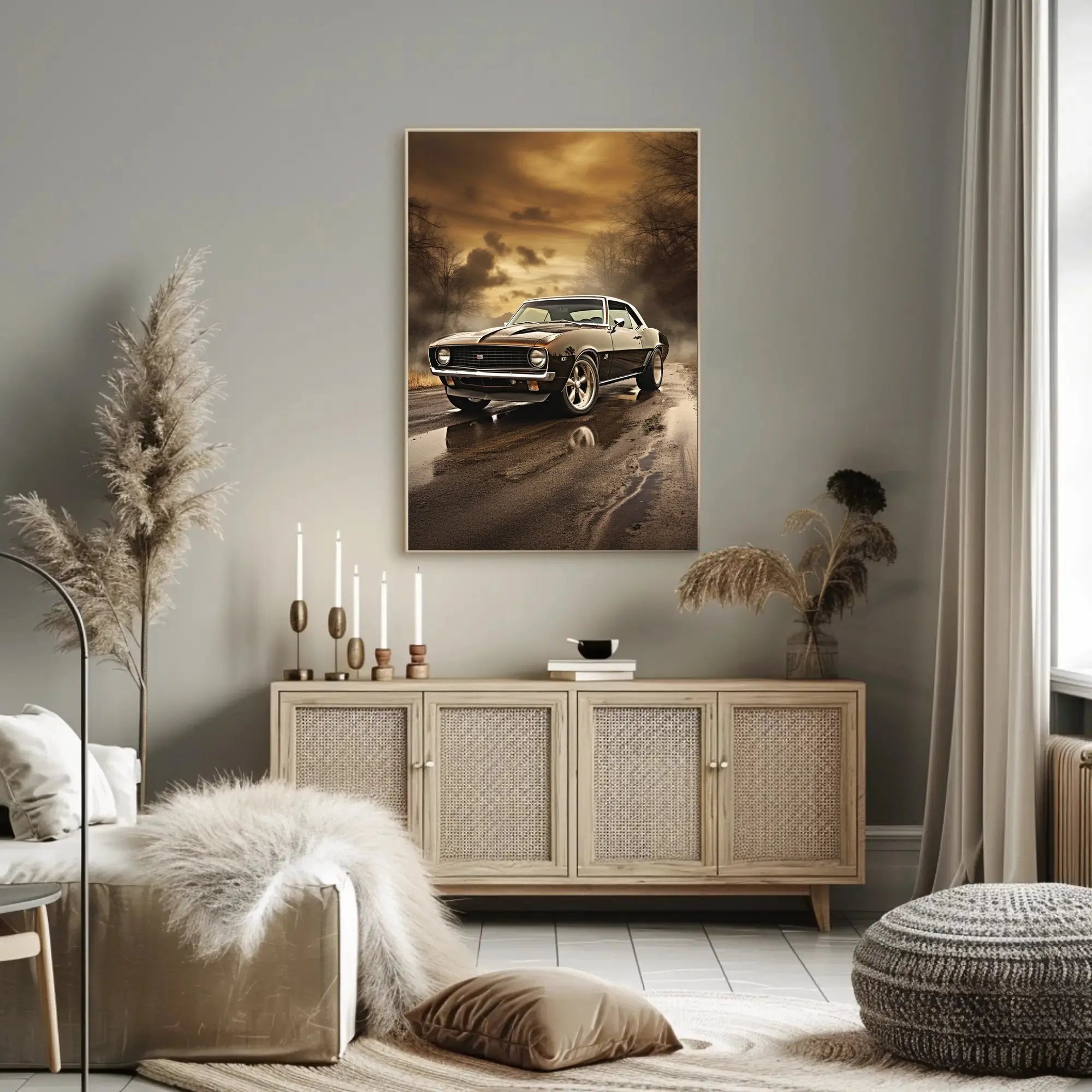 Vintage Muscle Car on Open Road Artistic Poster PosterGoat