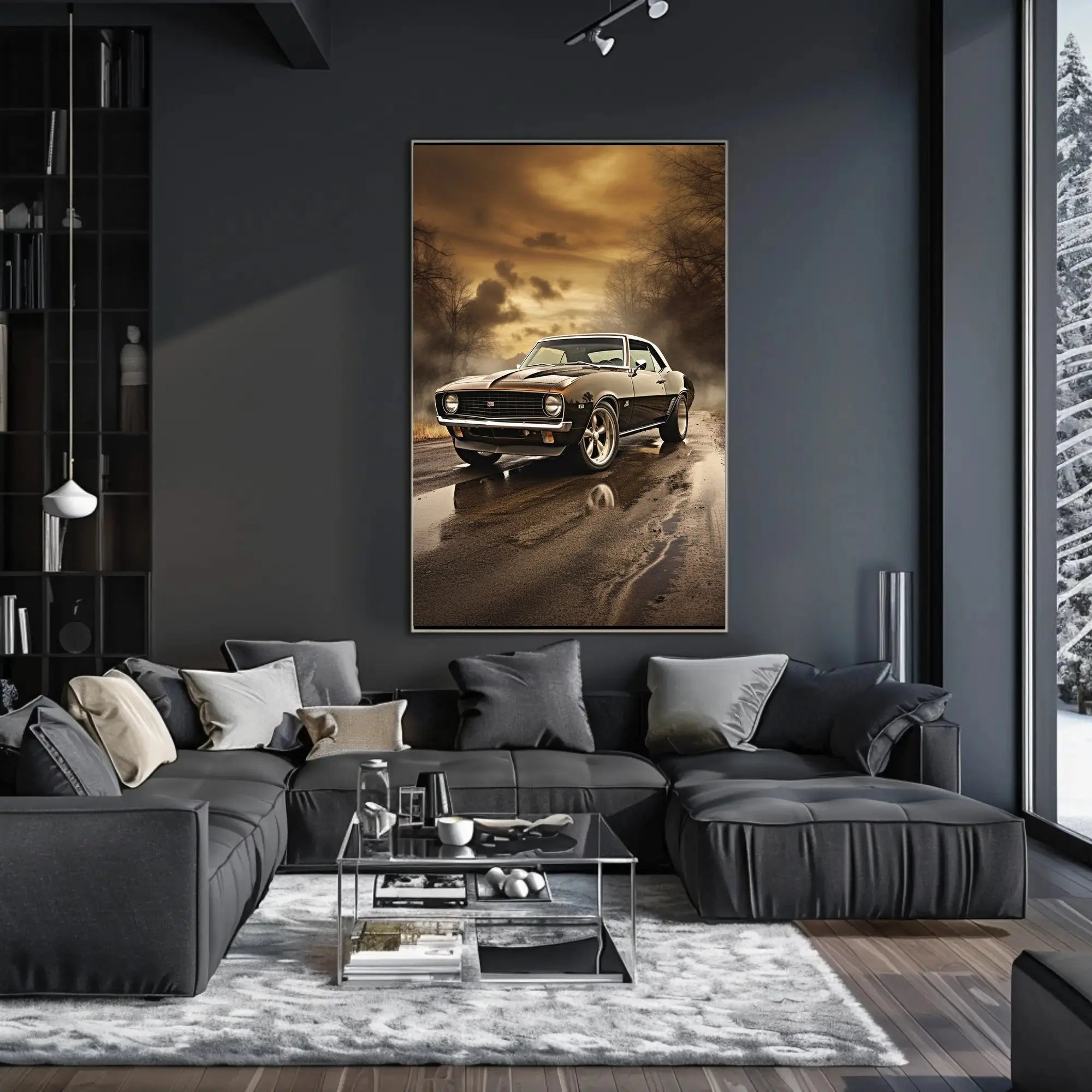 Vintage Muscle Car on Open Road Artistic Poster PosterGoat