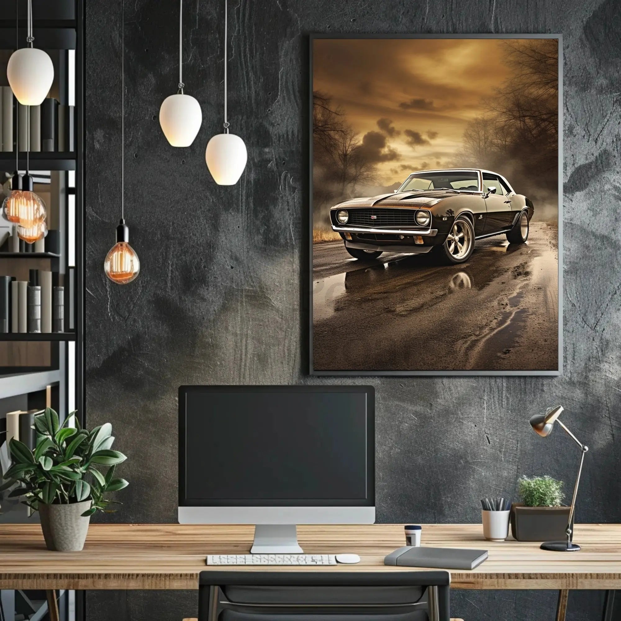 Vintage Muscle Car on Open Road Artistic Poster PosterGoat