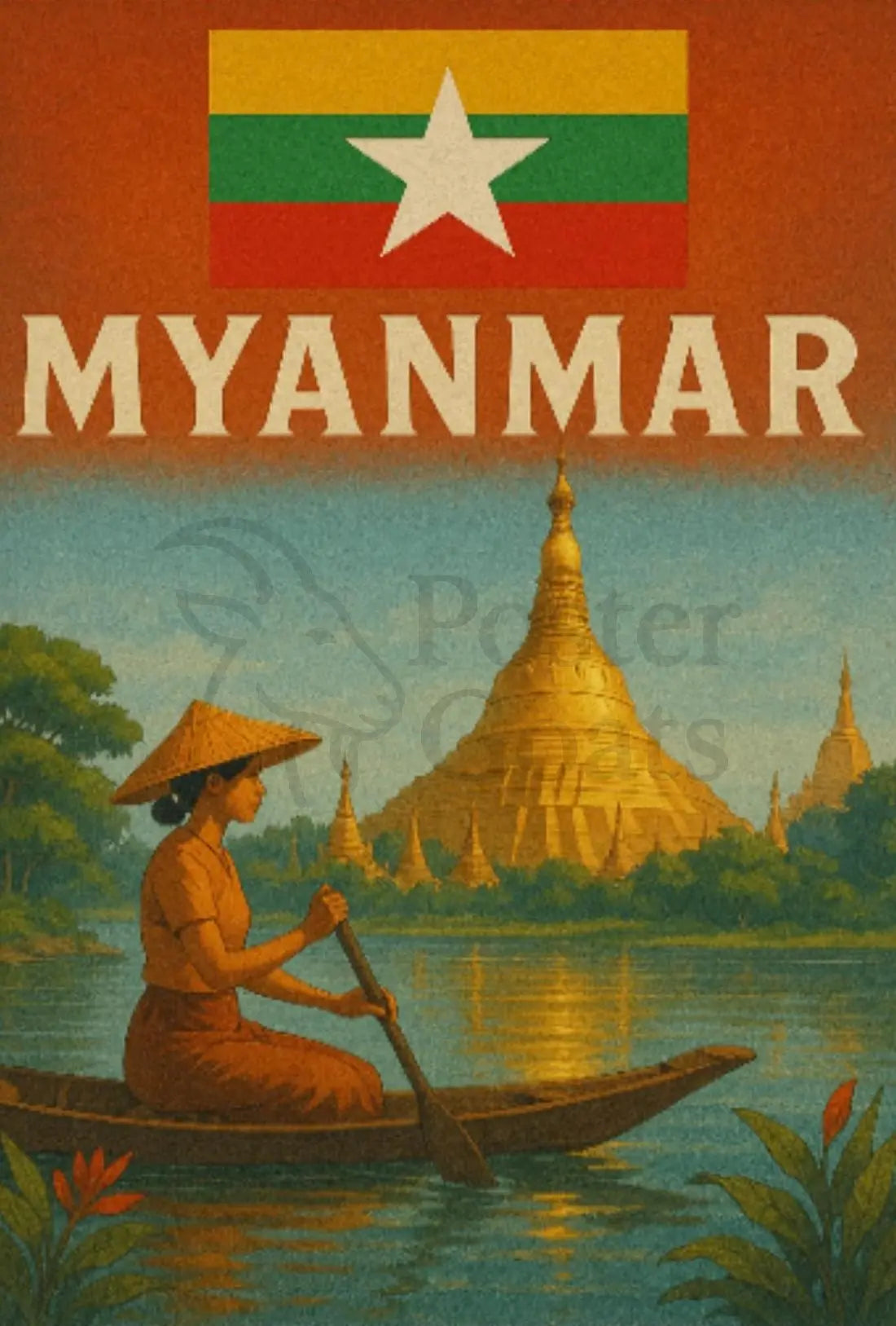 Vintage Myanmar Scene with Shwedagon Pagoda Travel Poster PosterGoat