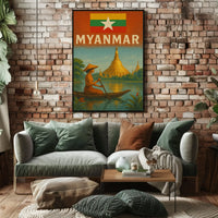 Vintage Myanmar Scene with Shwedagon Pagoda Travel Poster PosterGoat