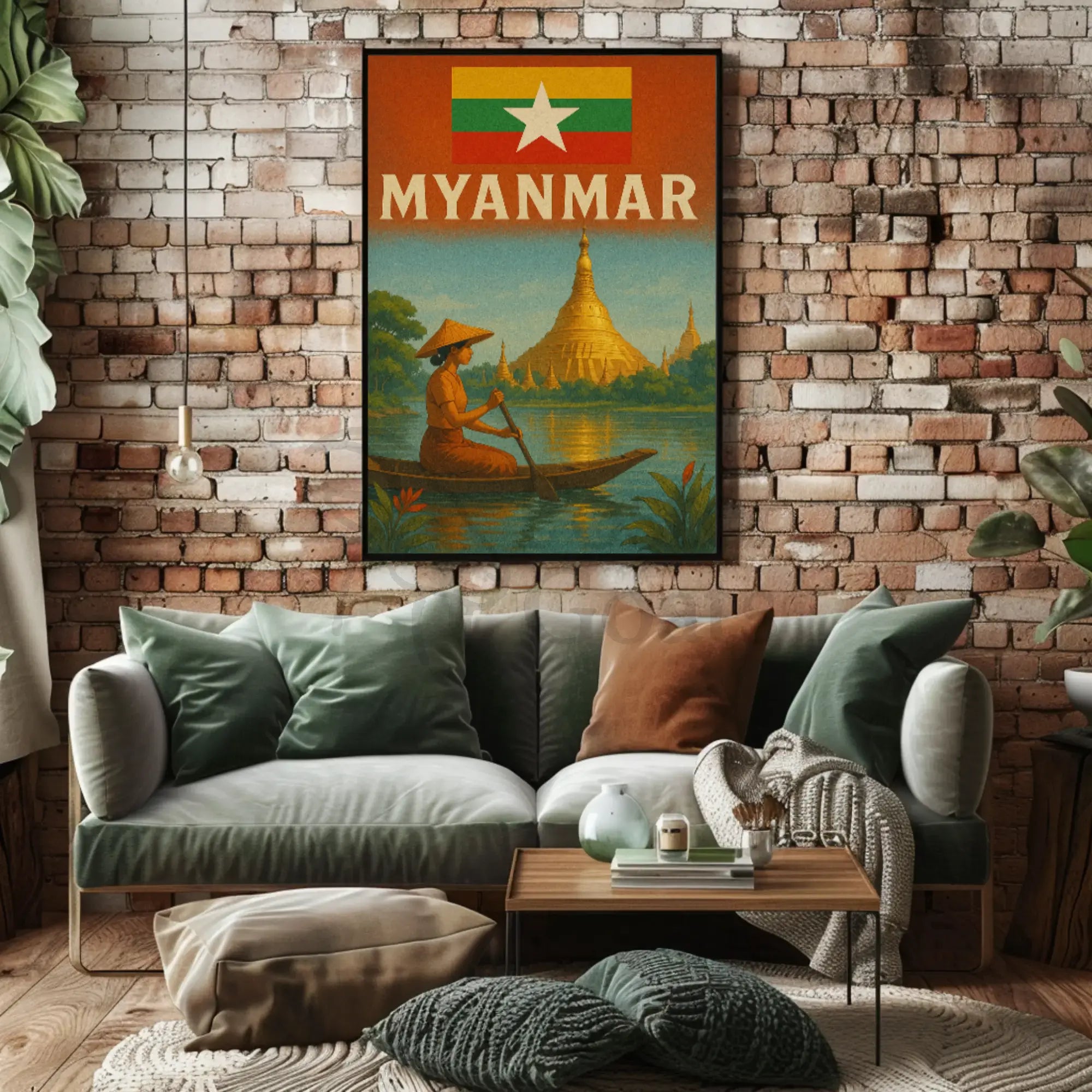 Vintage Myanmar Scene with Shwedagon Pagoda Travel Poster PosterGoat