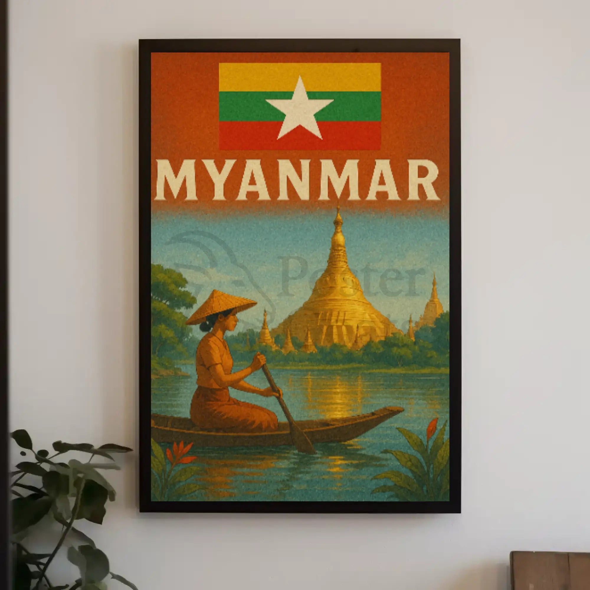 Vintage Myanmar Scene with Shwedagon Pagoda Travel Poster PosterGoat