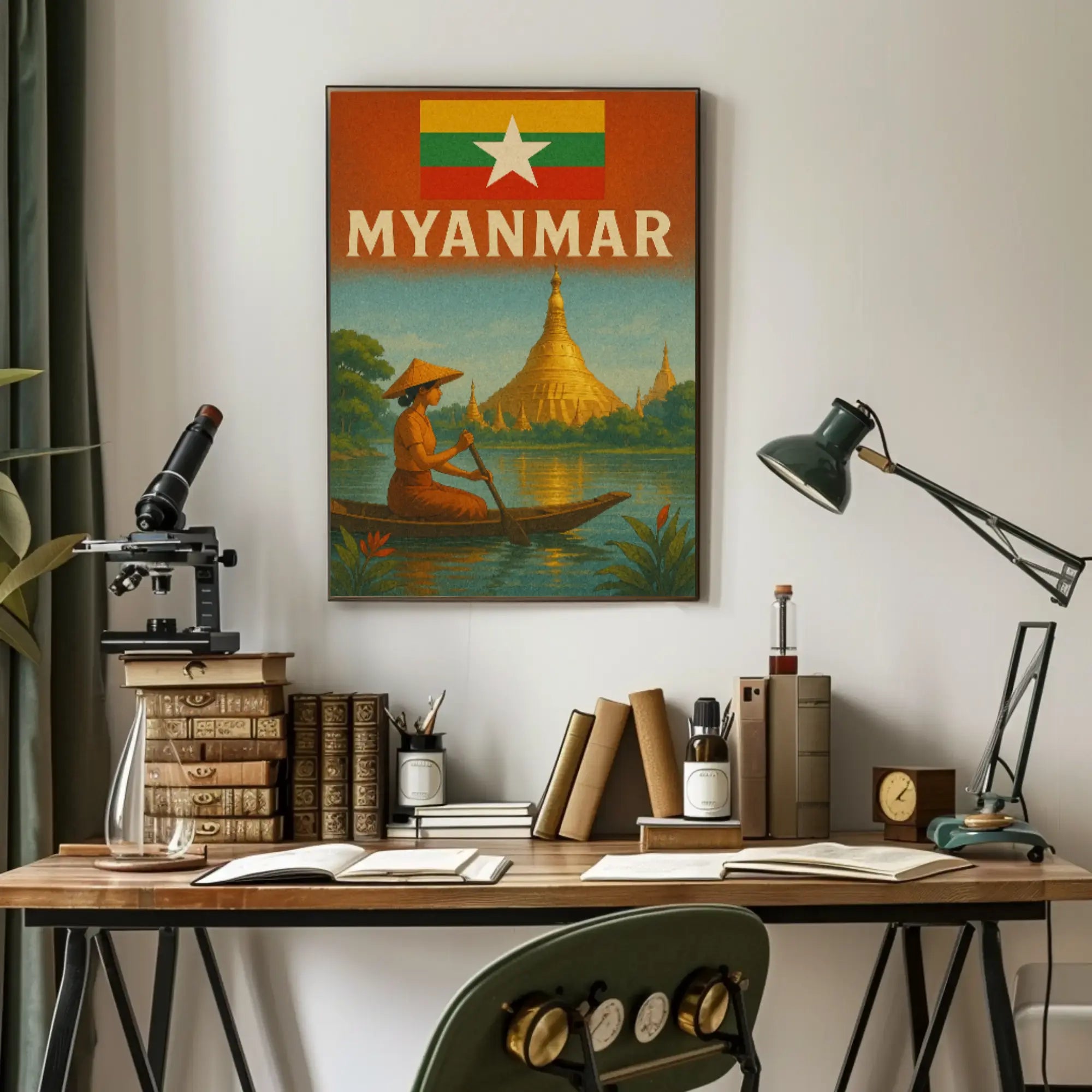 Vintage Myanmar Scene with Shwedagon Pagoda Travel Poster PosterGoat