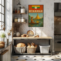 Vintage Myanmar Scene with Shwedagon Pagoda Travel Poster PosterGoat