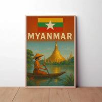 Vintage Myanmar Scene with Shwedagon Pagoda Travel Poster PosterGoat