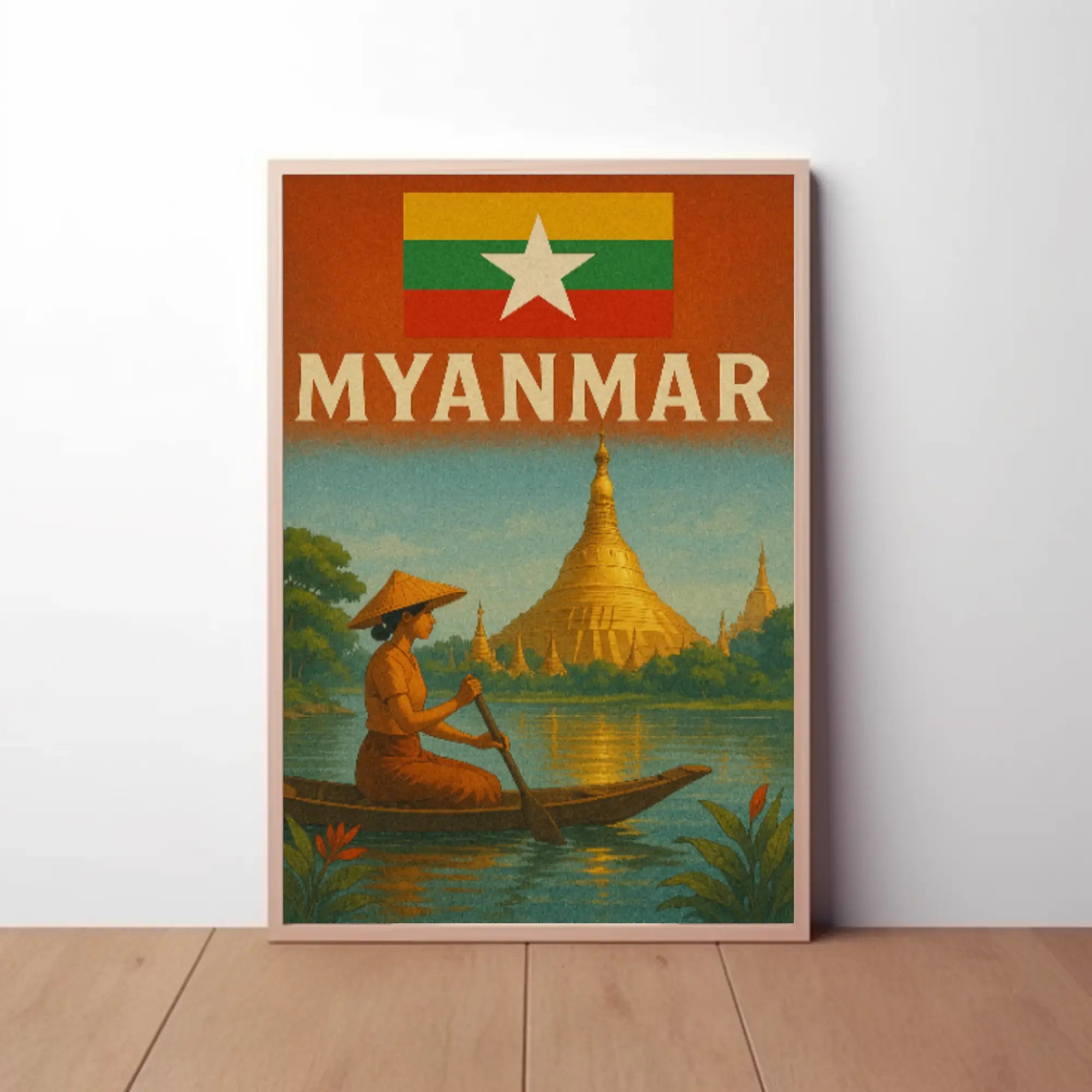 Vintage Myanmar Scene with Shwedagon Pagoda Travel Poster PosterGoat