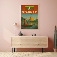 Vintage Myanmar Scene with Shwedagon Pagoda Travel Poster PosterGoat