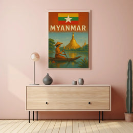Vintage Myanmar Scene with Shwedagon Pagoda Travel Poster PosterGoat