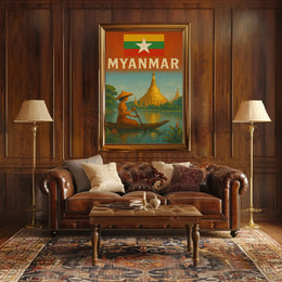 Vintage Myanmar Scene with Shwedagon Pagoda Travel Poster PosterGoat