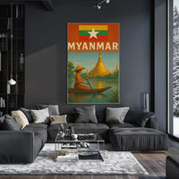 Vintage Myanmar Scene with Shwedagon Pagoda Travel Poster PosterGoat