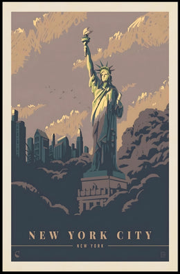 Vintage NYC Skyline with Statue of Liberty Travel Poster PosterGoat