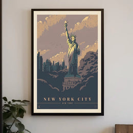Vintage NYC Skyline with Statue of Liberty Travel Poster PosterGoat