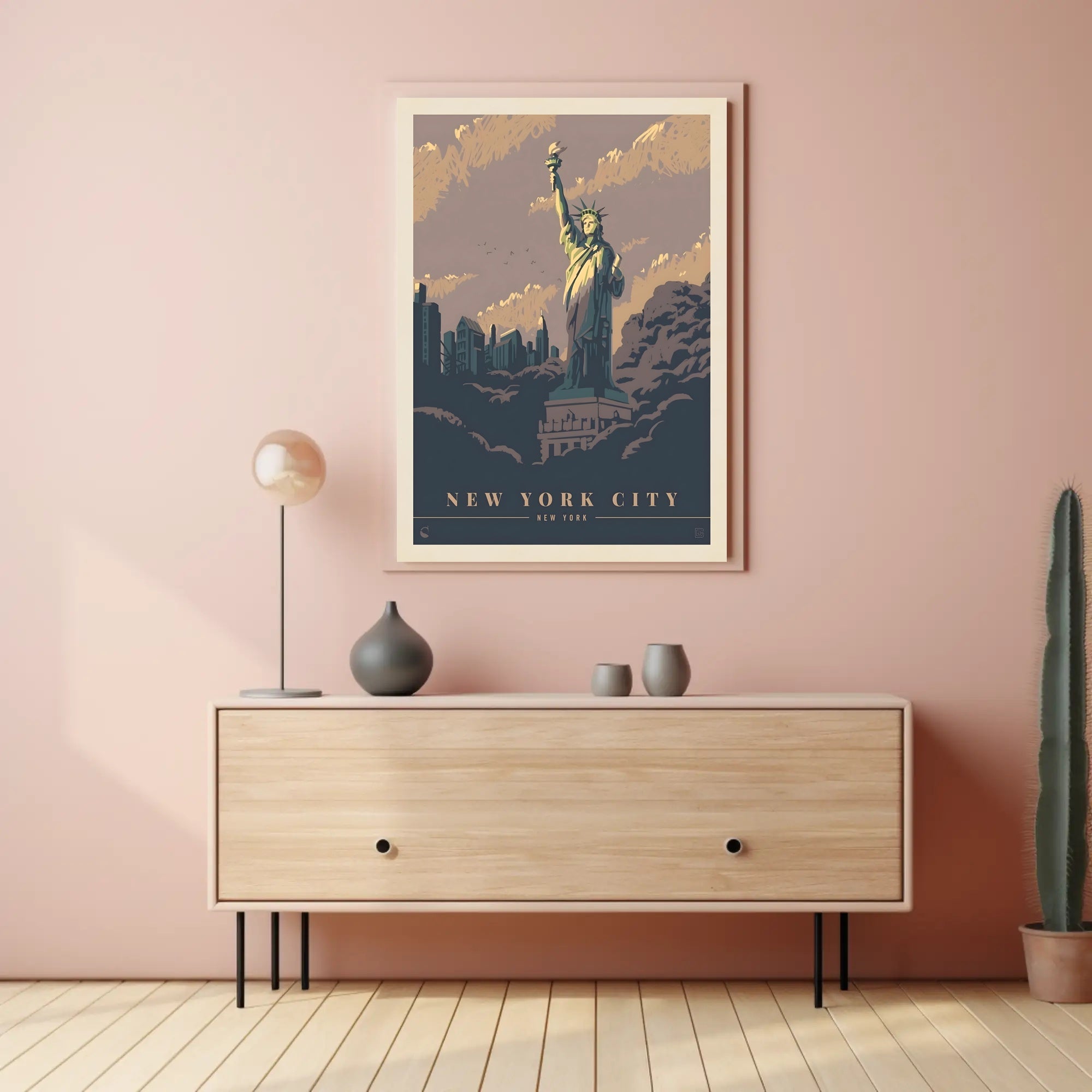 Vintage NYC Skyline with Statue of Liberty Travel Poster PosterGoat