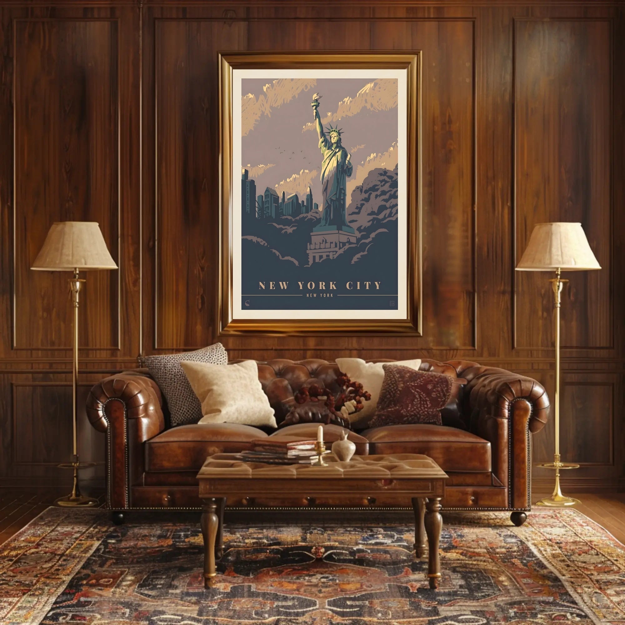 Vintage NYC Skyline with Statue of Liberty Travel Poster PosterGoat