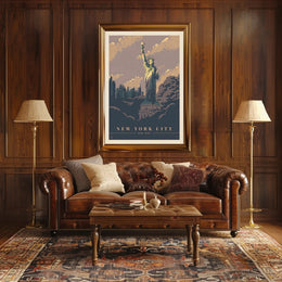 Vintage NYC Skyline with Statue of Liberty Travel Poster PosterGoat