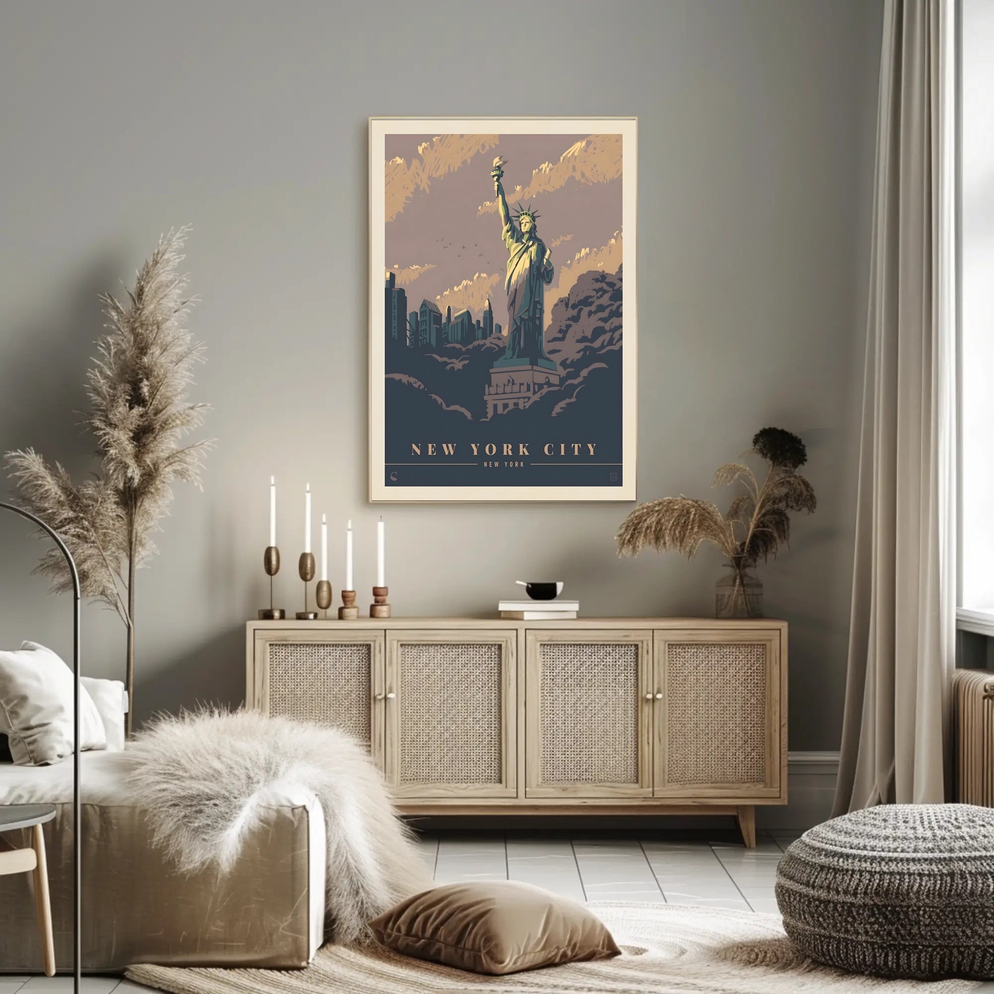 Vintage NYC Skyline with Statue of Liberty Travel Poster PosterGoat
