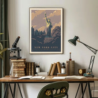 Vintage NYC Skyline with Statue of Liberty Travel Poster PosterGoat