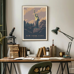 Vintage NYC Skyline with Statue of Liberty Travel Poster PosterGoat
