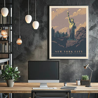 Vintage NYC Skyline with Statue of Liberty Travel Poster PosterGoat