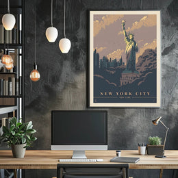 Vintage NYC Skyline with Statue of Liberty Travel Poster PosterGoat