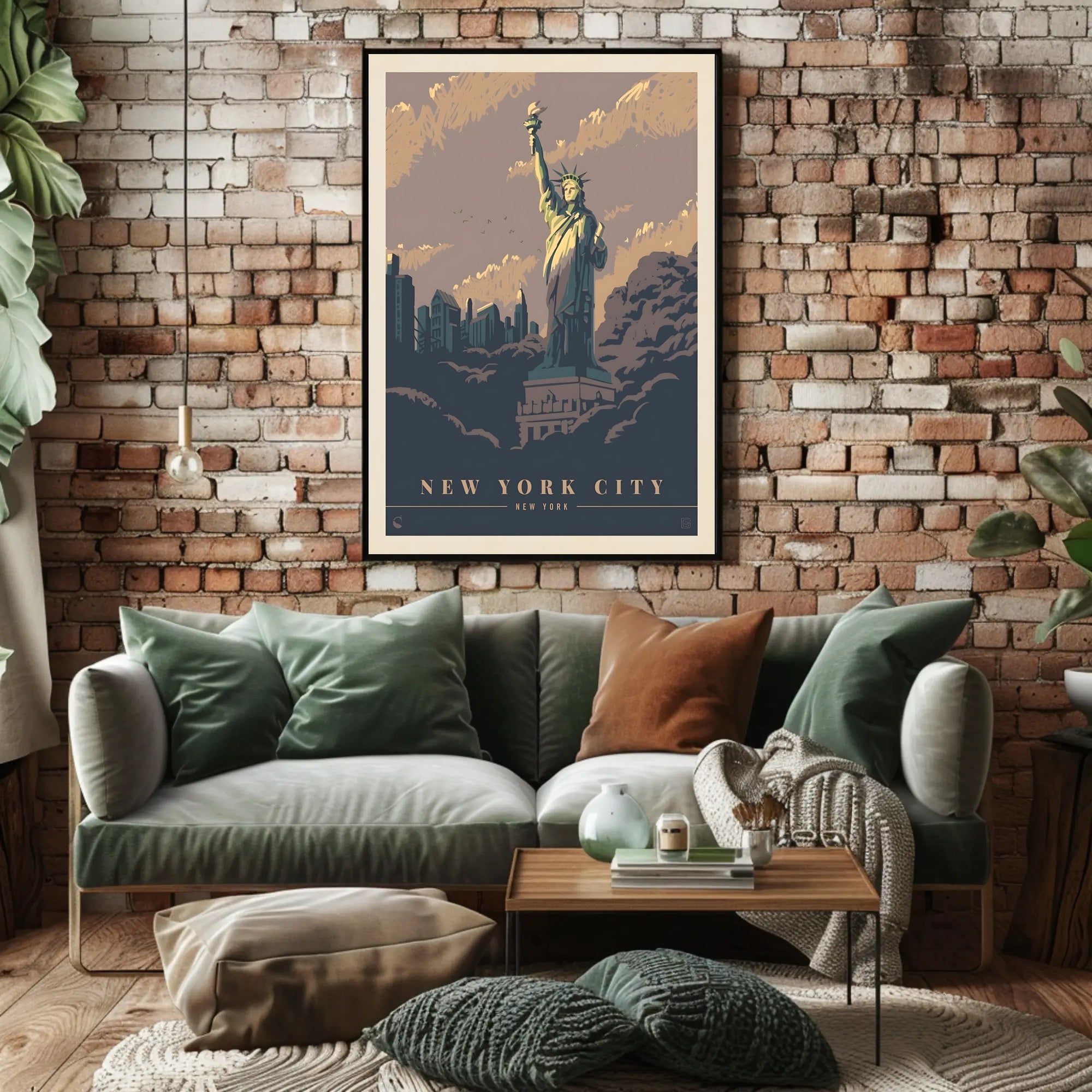 Vintage NYC Skyline with Statue of Liberty Travel Poster PosterGoat