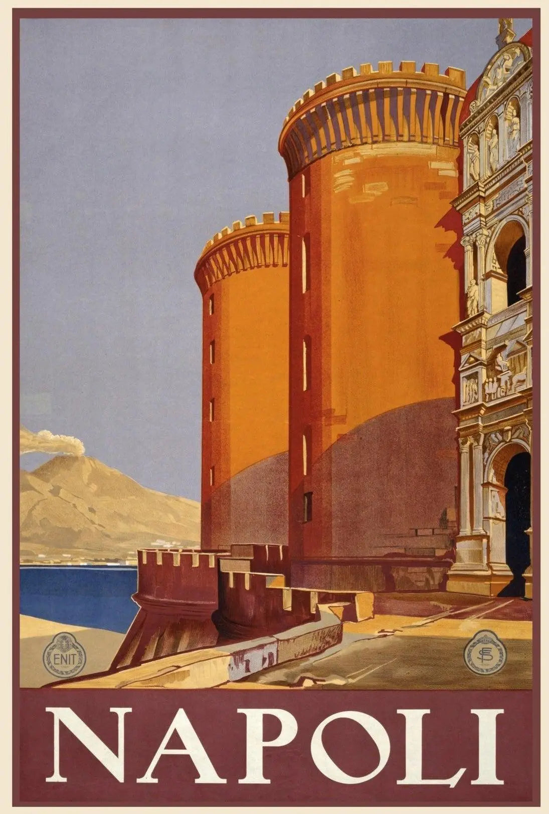 Vintage Naples Travel Poster with Castle and Volcano PosterGoat