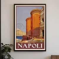Vintage Naples Travel Poster with Castle and Volcano PosterGoat