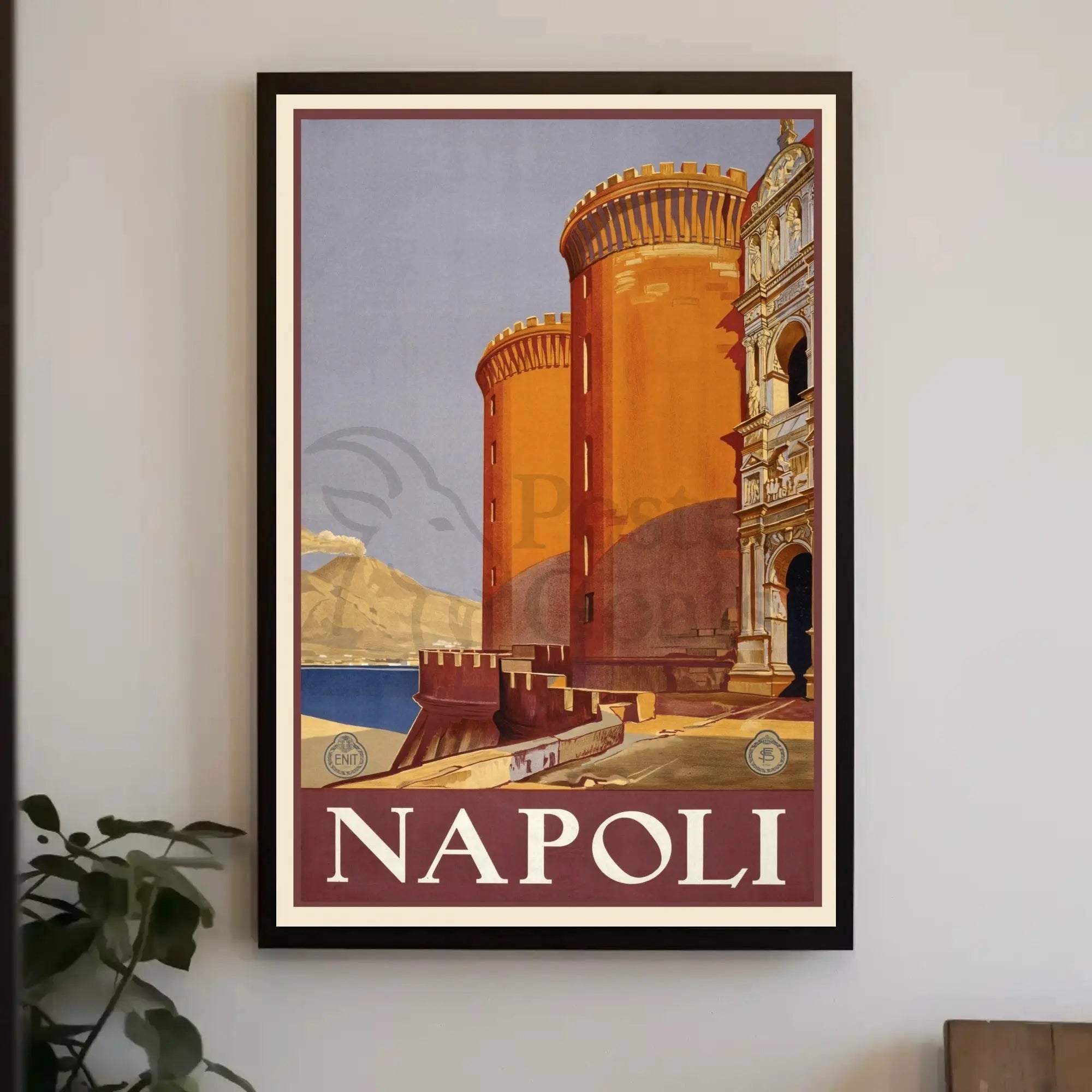 Vintage Naples Travel Poster with Castle and Volcano PosterGoat