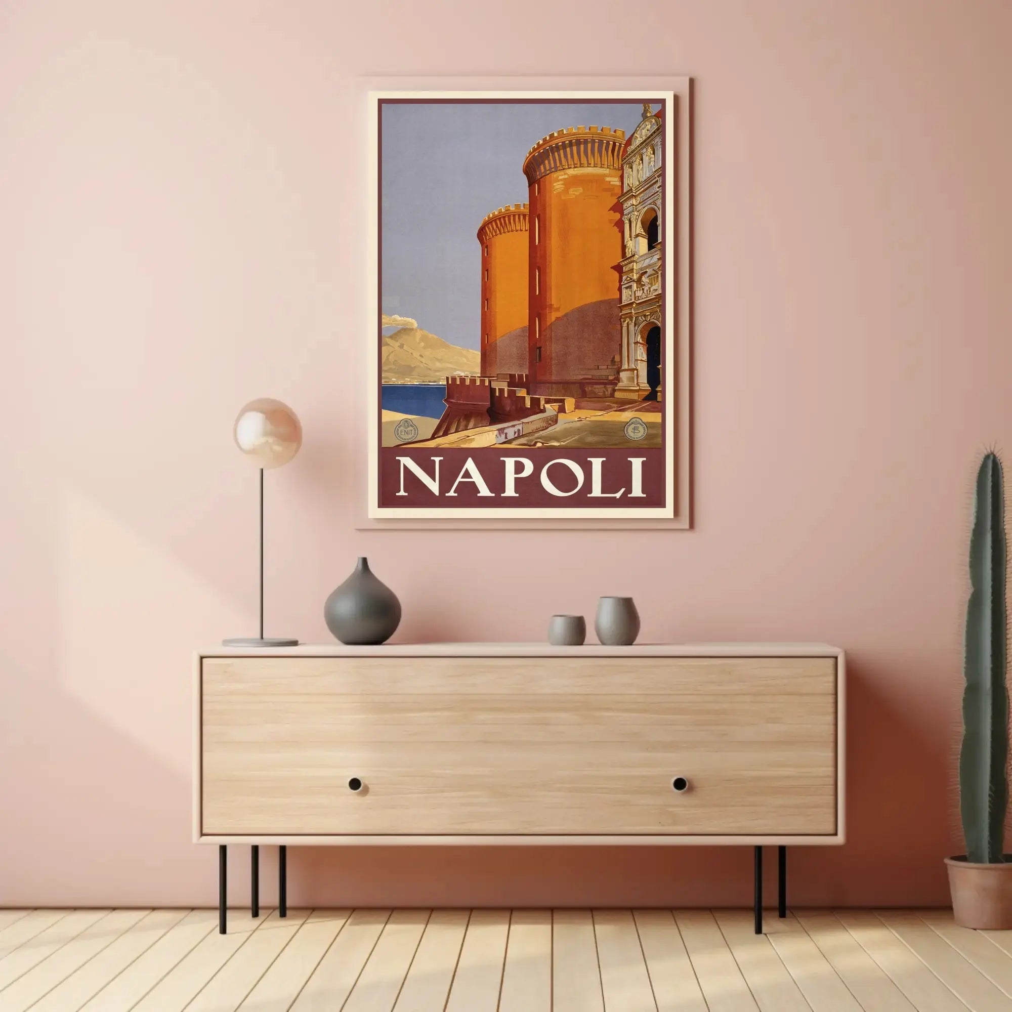Vintage Naples Travel Poster with Castle and Volcano PosterGoat