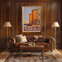 Vintage Naples Travel Poster with Castle and Volcano PosterGoat