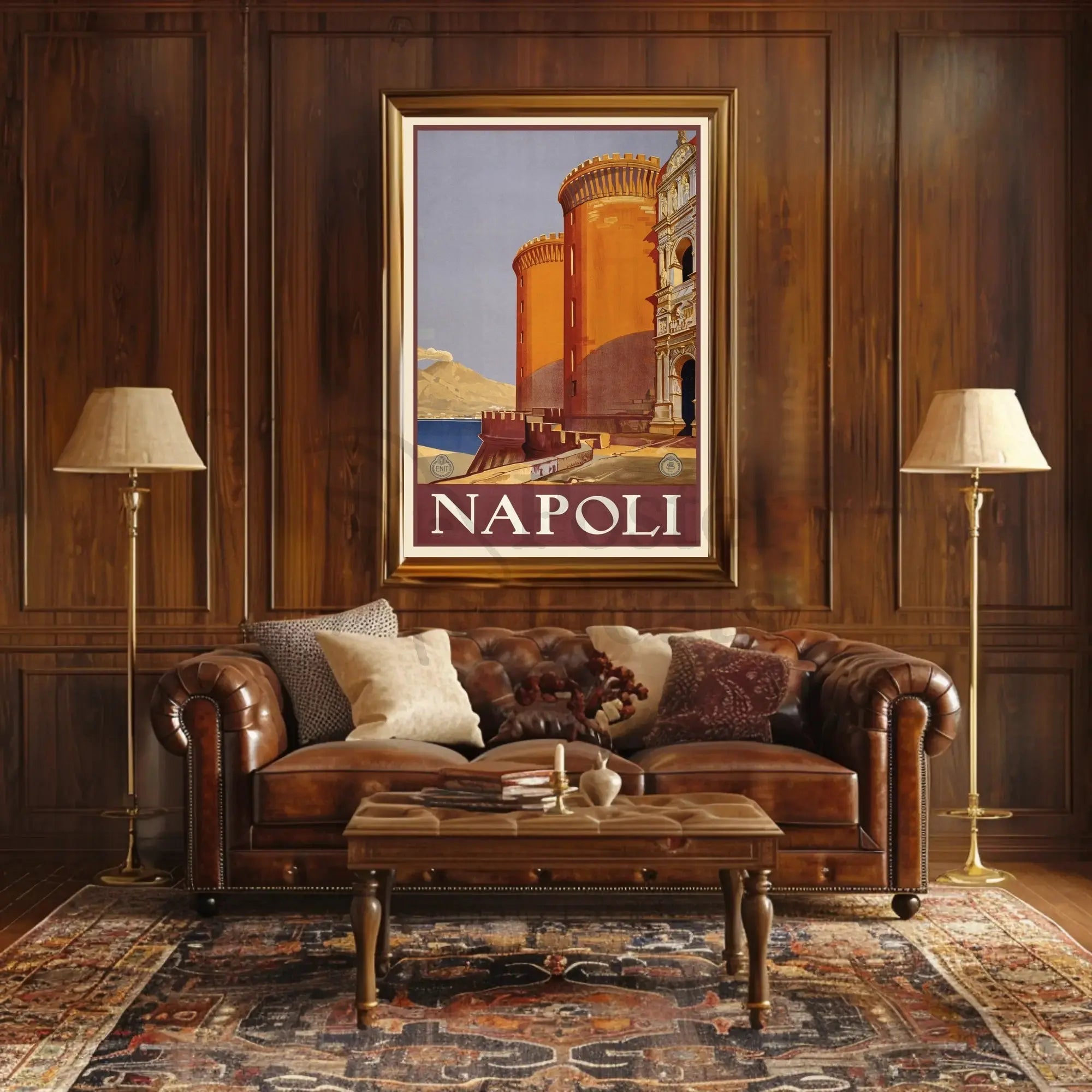 Vintage Naples Travel Poster with Castle and Volcano PosterGoat