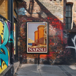 Vintage Naples Travel Poster with Castle and Volcano PosterGoat