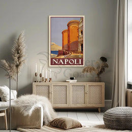 Vintage Naples Travel Poster with Castle and Volcano PosterGoat