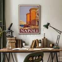 Vintage Naples Travel Poster with Castle and Volcano PosterGoat