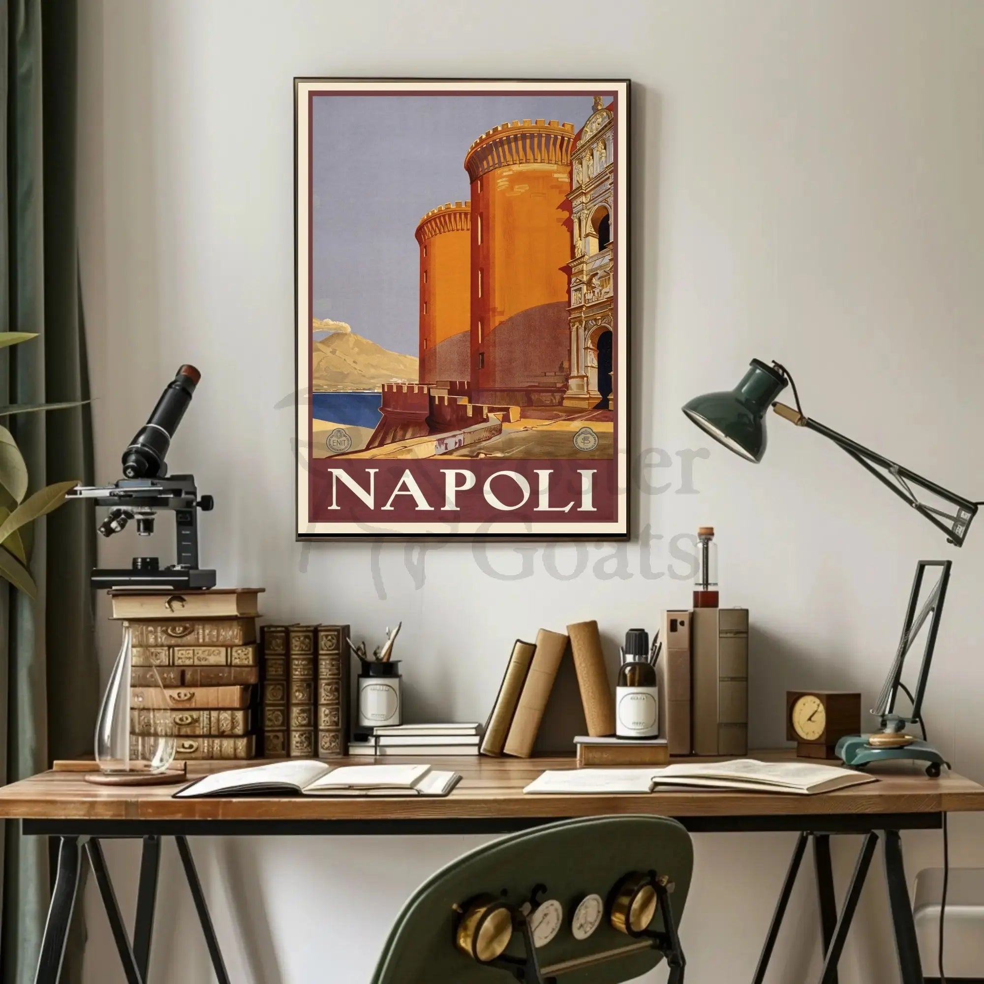 Vintage Naples Travel Poster with Castle and Volcano PosterGoat