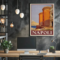 Vintage Naples Travel Poster with Castle and Volcano PosterGoat