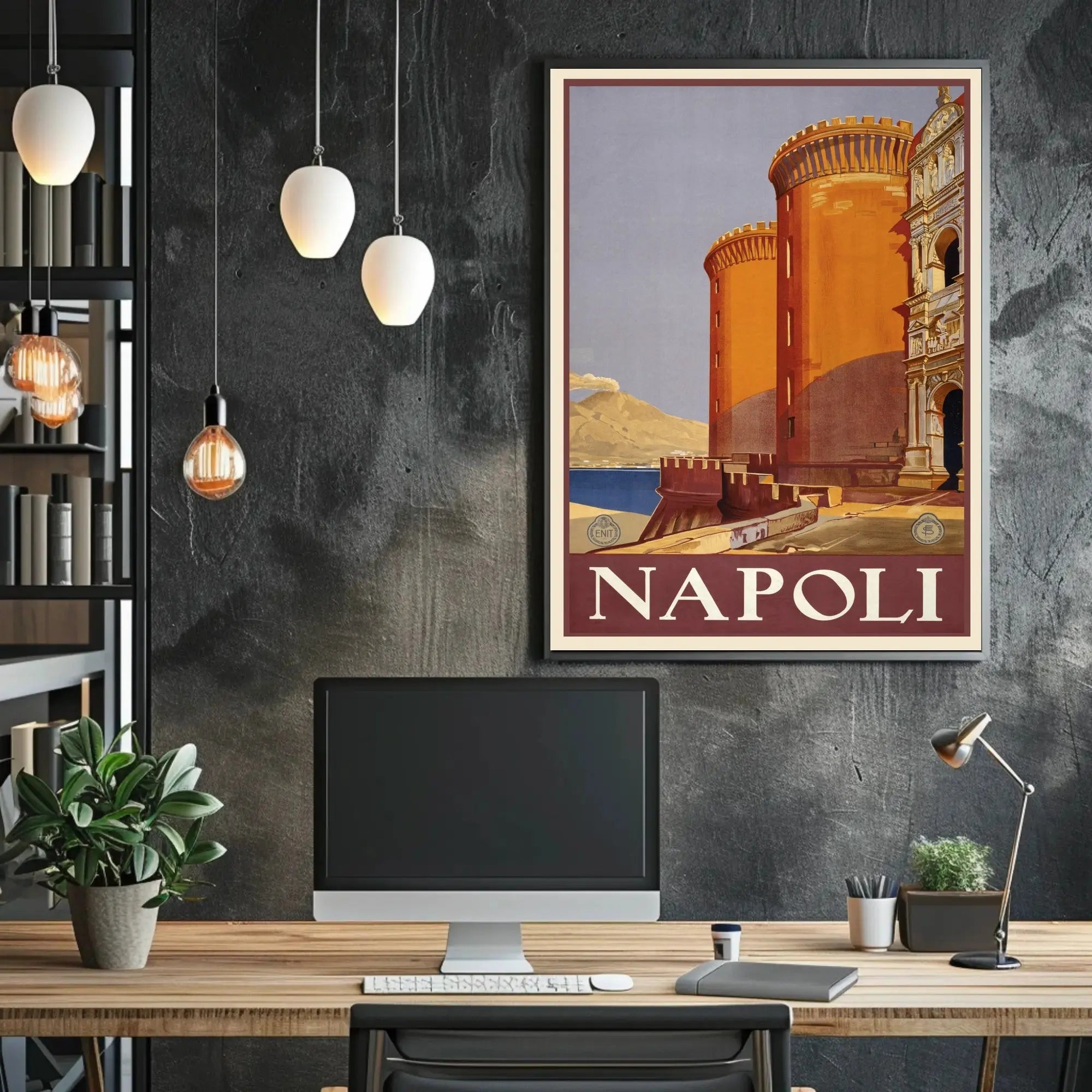 Vintage Naples Travel Poster with Castle and Volcano PosterGoat