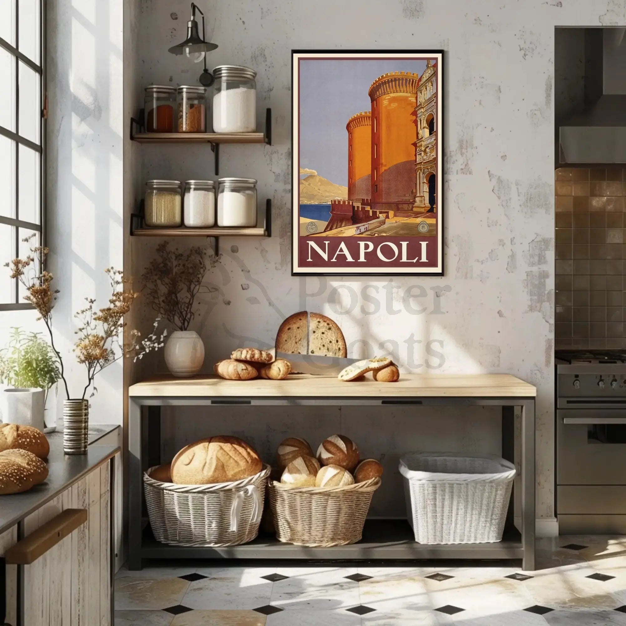 Vintage Naples Travel Poster with Castle and Volcano PosterGoat