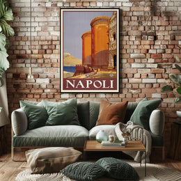 Vintage Naples Travel Poster with Castle and Volcano PosterGoat
