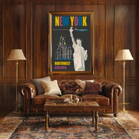 Vintage New York Travel Poster with Iconic Statue and Airplane PosterGoat