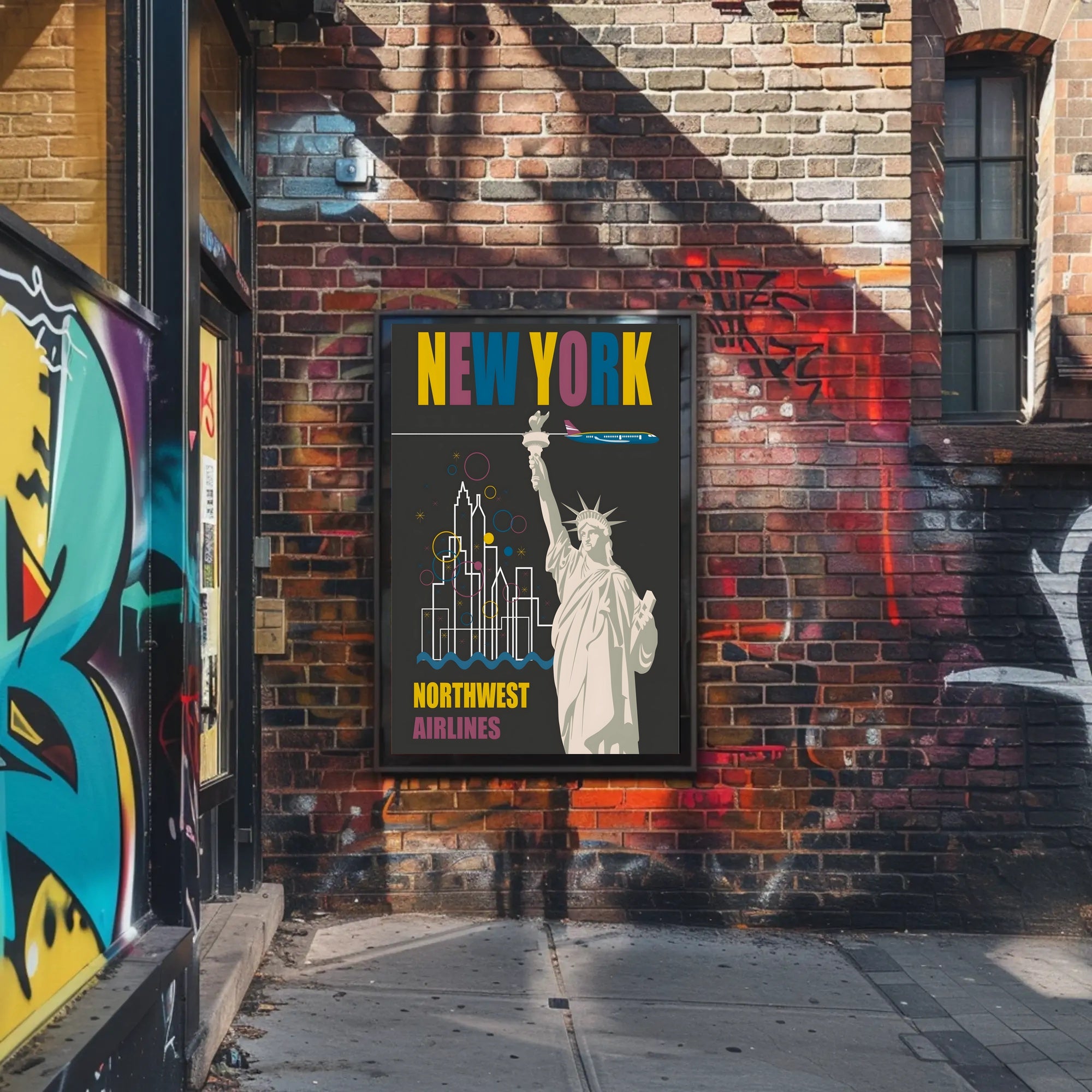 Vintage New York Travel Poster with Iconic Statue and Airplane PosterGoat