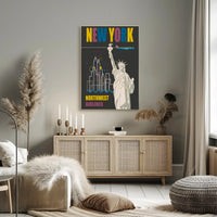 Vintage New York Travel Poster with Iconic Statue and Airplane PosterGoat